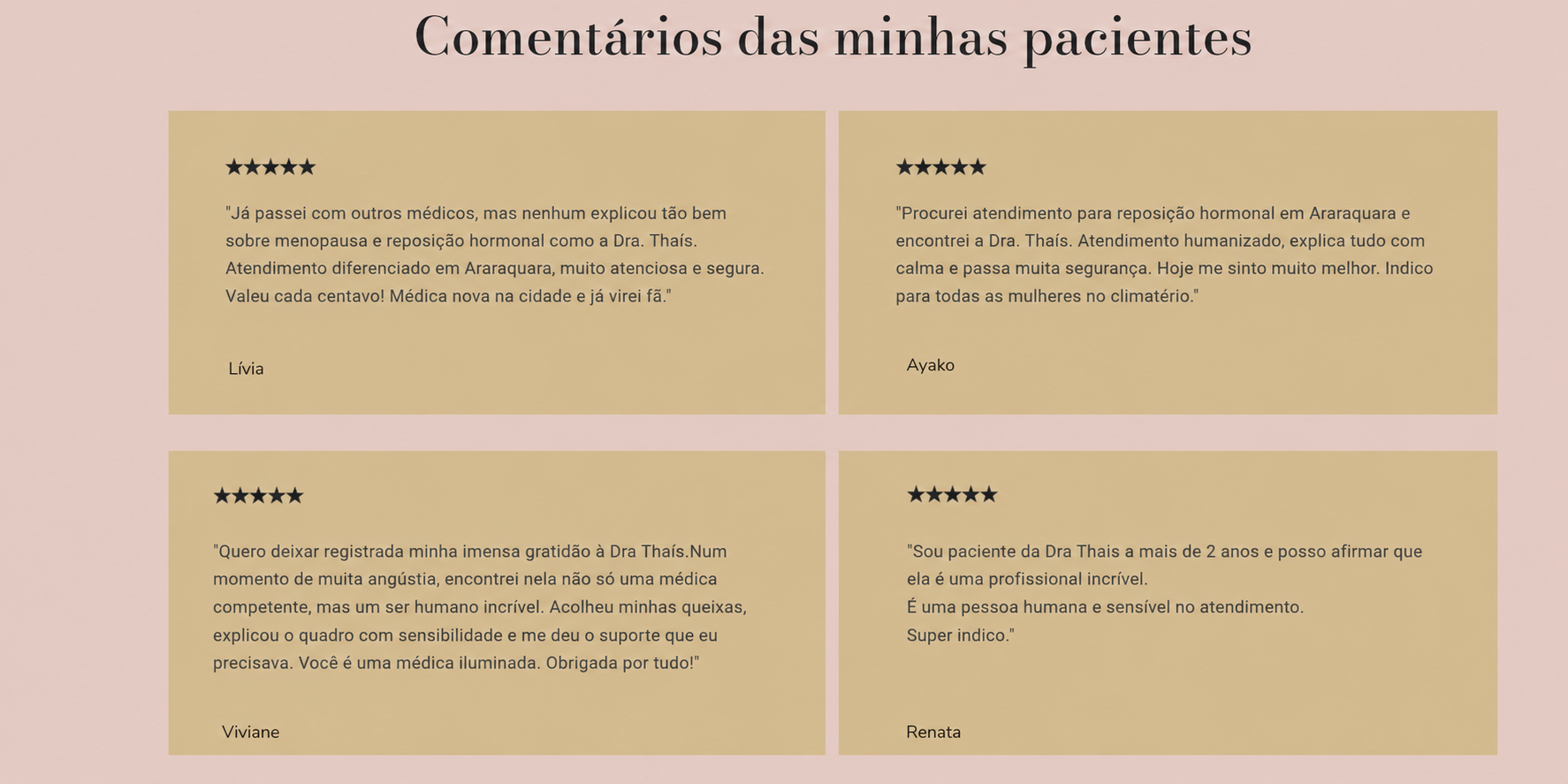Depoimentos de pacientes 5 estrelas no site da Dra. Thaís
